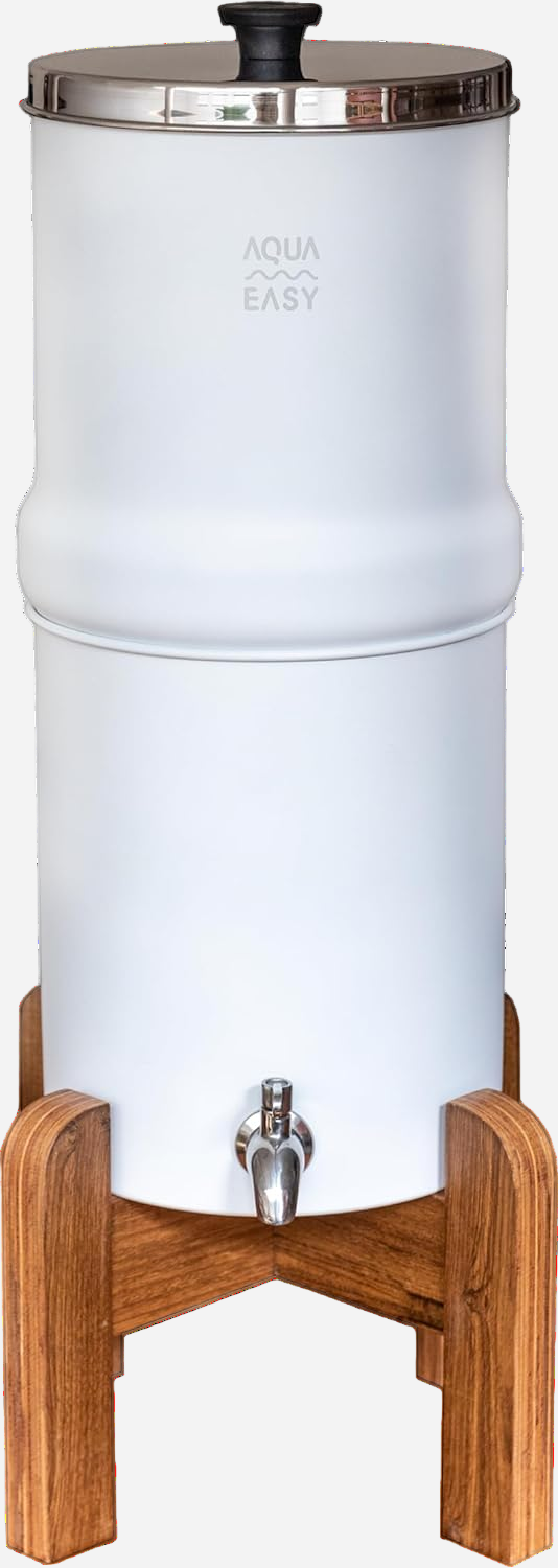 White water filter tank with wooden stand on a white background