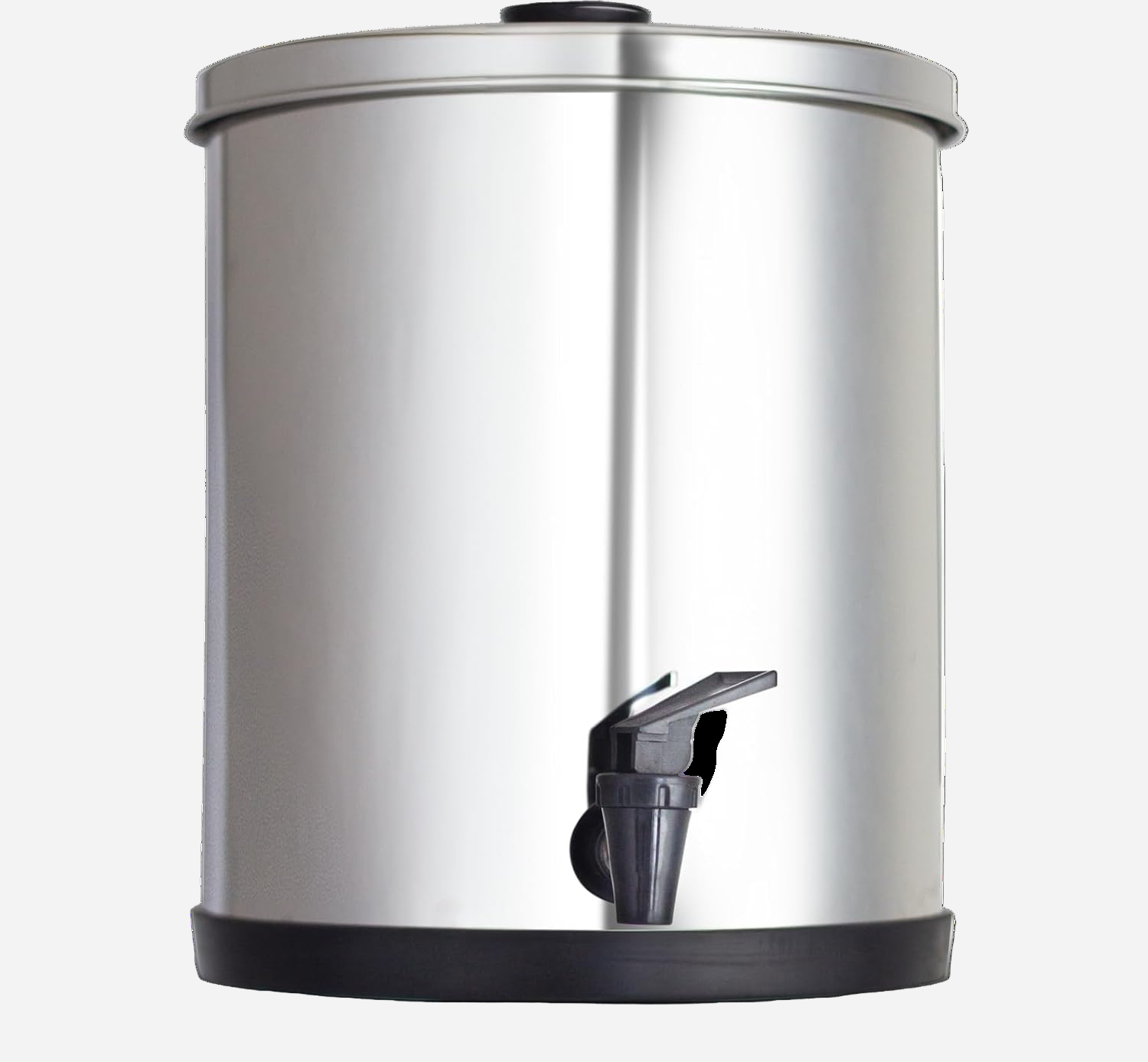 Stainless steel water dispenser with a black faucet on a white background