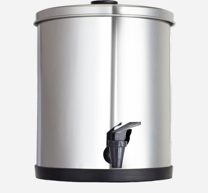 Stainless steel water dispenser with a black faucet on a white background